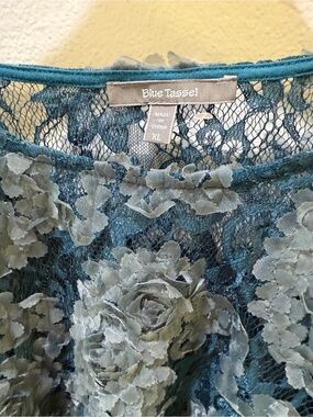 Anthropologie Blue Tassel Blue Floral Appliqué Lace Long Sleeve Top